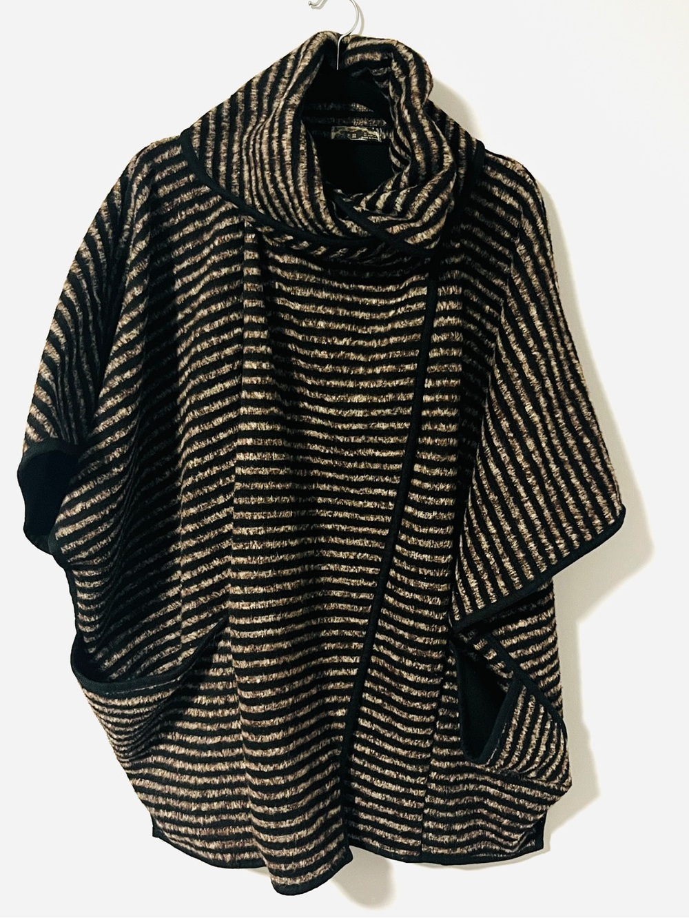 Striped Brown and Cream Cowl Neck Poncho Sweater
